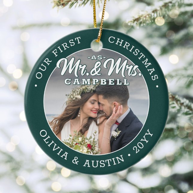 Mr & Mrs 2 Photo Newlyweds 1st Xmas Green & White Ceramic Ornament (Creator Uploaded)