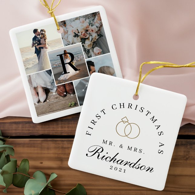 Mr. Mrs. 5 Photo Collage First Christmas Monogram  Ceramic Ornament (Mr. Mrs. 5 Photo Collage First Christmas Monogram Ceramic Ornament)