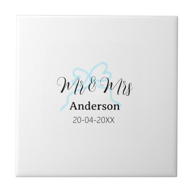 Mr & Mrs add family name date year wedding bow Ceramic Tile (Front)
