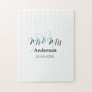 Mr & Mrs add family name date year wedding bow Jigsaw Puzzle