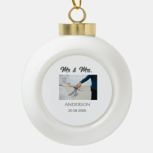 Mr & Mrs add family name date year wedding favour Ceramic Ball Christmas Ornament