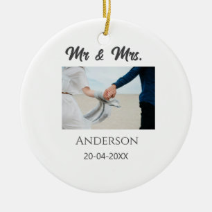 Mr & Mrs add family name date year wedding favour Ceramic Ornament