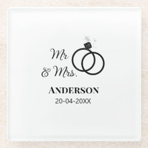 Mr & Mrs add family name date year wedding favour Glass Coaster