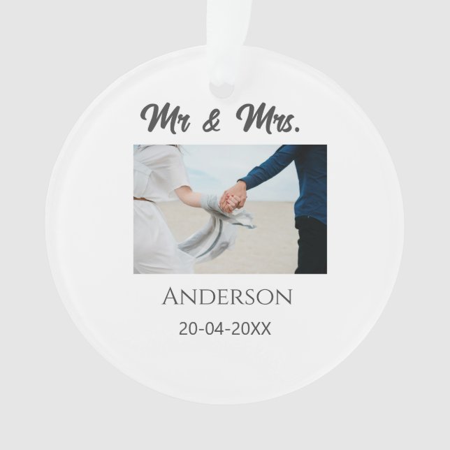 Mr & Mrs add family name date year wedding favour  Ornament (Front)
