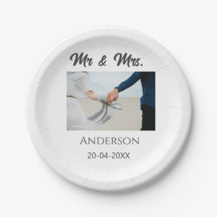 Mr & Mrs add family name date year wedding favour Paper Plate