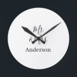 Mr & Mrs add family name date year wedding favour Round Clock<br><div class="desc">design</div>