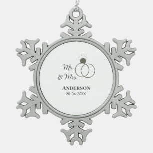 Mr & Mrs add family name date year wedding favour Snowflake Pewter Christmas Ornament