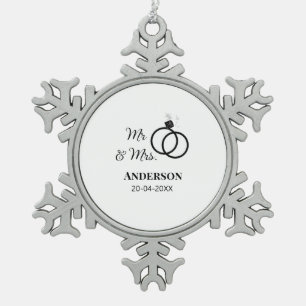 Mr & Mrs add family name date year wedding favour Snowflake Pewter Christmas Ornament