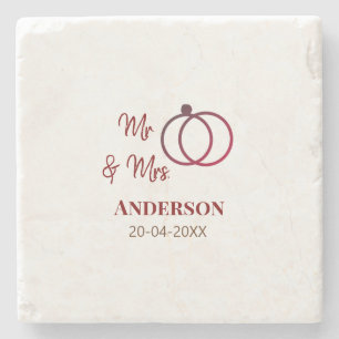 Mr & Mrs add family name date year wedding favour  Stone Coaster
