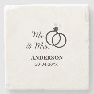 Mr & Mrs add family name date year wedding favour  Stone Coaster