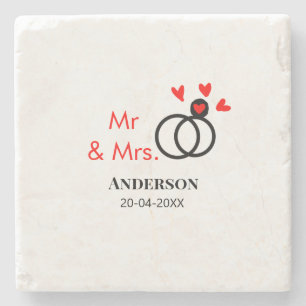 Mr & Mrs add family name date year wedding favour Stone Coaster
