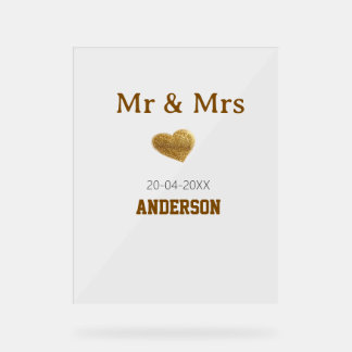 Mr & Mrs add family name golden glitter heart spar Acrylic Sign