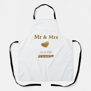 Mr & Mrs add family name golden glitter heart spar Apron