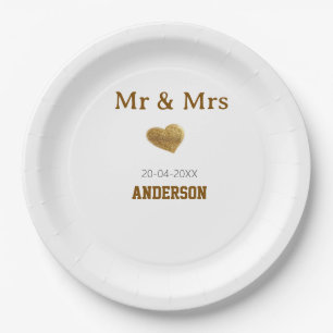 Mr & Mrs add family name golden glitter heart spar Paper Plate