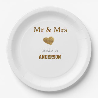 Mr & Mrs add family name golden glitter heart spar Paper Plate
