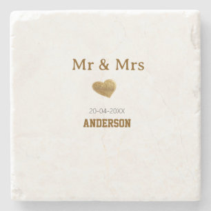 Mr & Mrs add family name golden glitter heart spar Stone Coaster