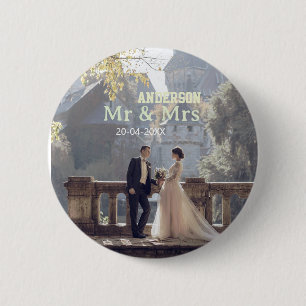 Mr & Mrs add family name photo date wedding family 6 Cm Round Badge