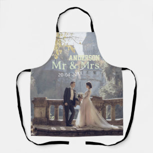 Mr & Mrs add family name photo date wedding family Apron