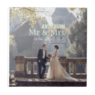 Mr & Mrs add family name photo date wedding family Ceramic Tile