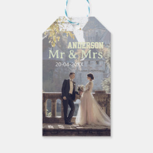 Mr & Mrs add family name photo date wedding family Gift Tags