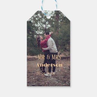 Mr & Mrs add family name photo date wedding family Gift Tags
