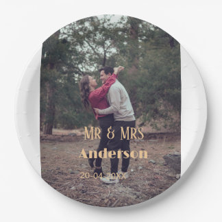 Mr & Mrs add family name photo date wedding family Paper Plate