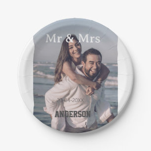 Mr & Mrs add family name photo date wedding family Paper Plate