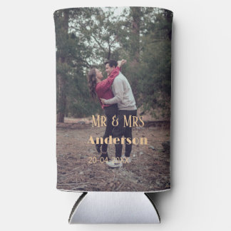 Mr & Mrs add family name photo date wedding family Seltzer Can Cooler