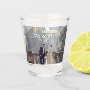 Mr & Mrs add family name photo date wedding family Shot Glass