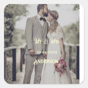 Mr & Mrs add family name photo date wedding family Square Sticker