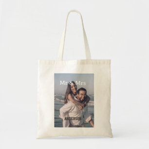 Mr & Mrs add family name photo date wedding family Tote Bag