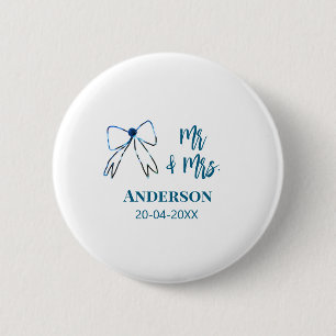 Mr & Mrs add name date wedding favour bow blue gre 6 Cm Round Badge