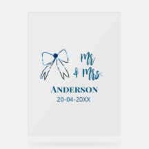Mr & Mrs add name date wedding favour bow blue gre