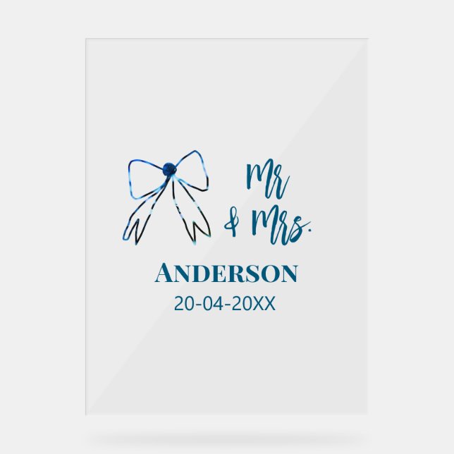 Mr & Mrs add name date wedding favour bow blue gre Acrylic Sign (Front)