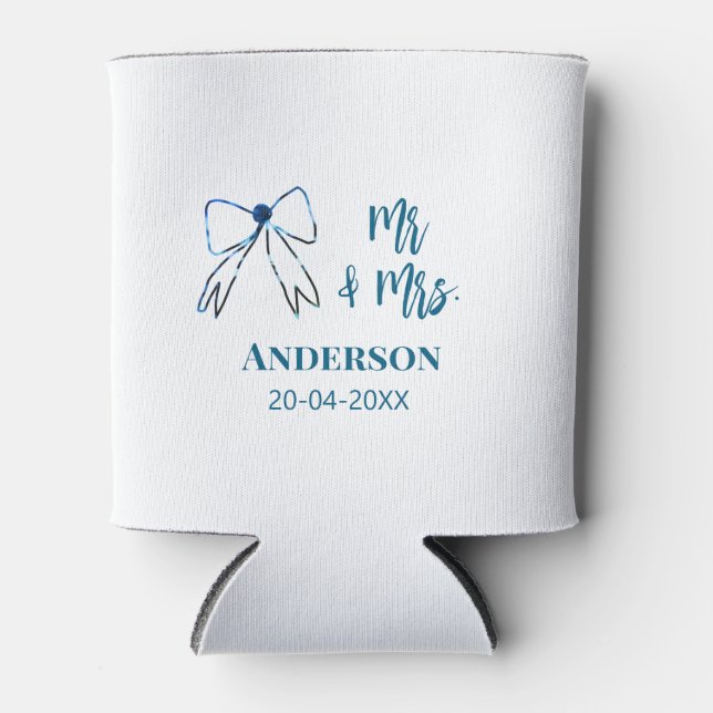 Mr & Mrs add name date wedding favour bow blue gre Can Cooler (Front)