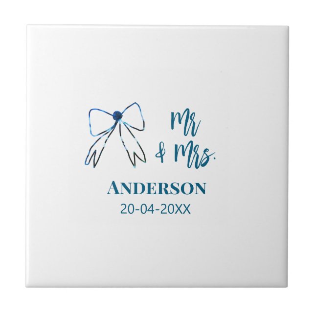 Mr & Mrs add name date wedding favour bow blue gre Ceramic Tile (Front)