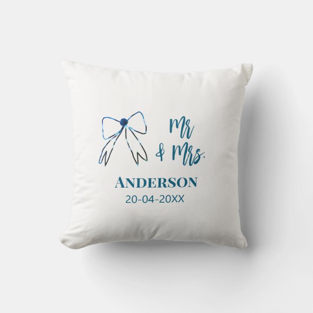 Mr & Mrs add name date wedding favour bow blue gre Cushion (Front)