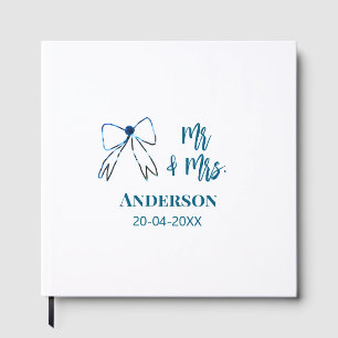 Mr & Mrs add name date wedding favour bow blue gre Guest Book