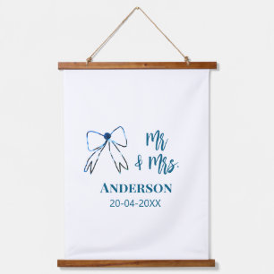 Mr & Mrs add name date wedding favour bow blue gre Hanging Tapestry
