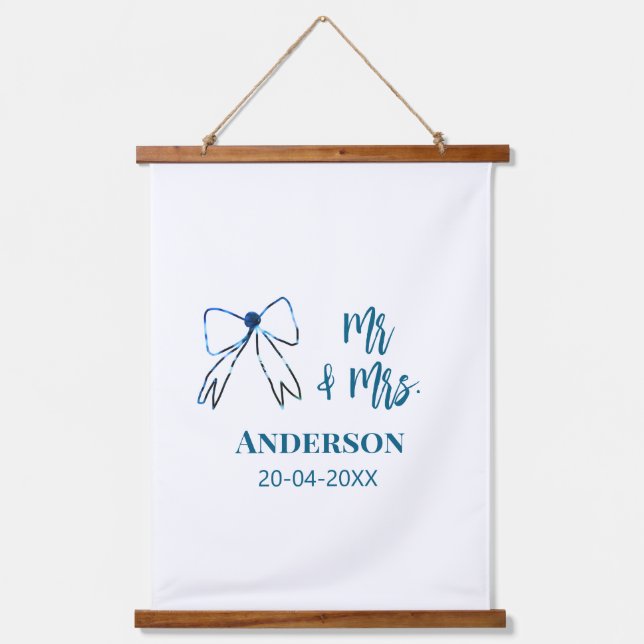 Mr & Mrs add name date wedding favour bow blue gre Hanging Tapestry (Front)