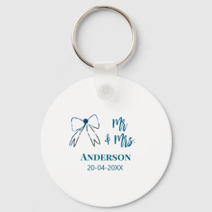Mr & Mrs add name date wedding favour bow blue gre Key Ring
