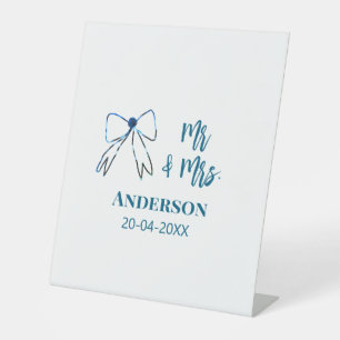 Mr & Mrs add name date wedding favour bow blue gre Pedestal Sign