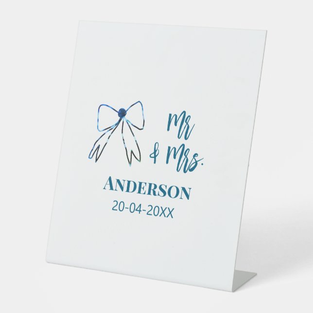 Mr & Mrs add name date wedding favour bow blue gre Pedestal Sign (Front)