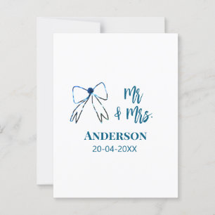 Mr & Mrs add name date wedding favour bow blue gre Postcard