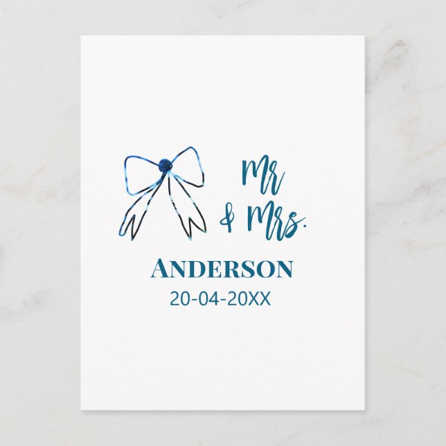 Mr & Mrs add name date wedding favour bow blue gre Postcard (Front)