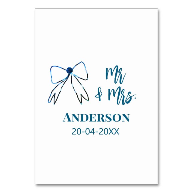 Mr & Mrs add name date wedding favour bow blue gre Table Number (Front)