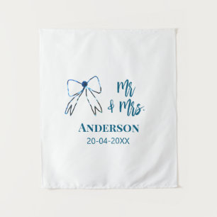 Mr & Mrs add name date wedding favour bow blue gre Tapestry