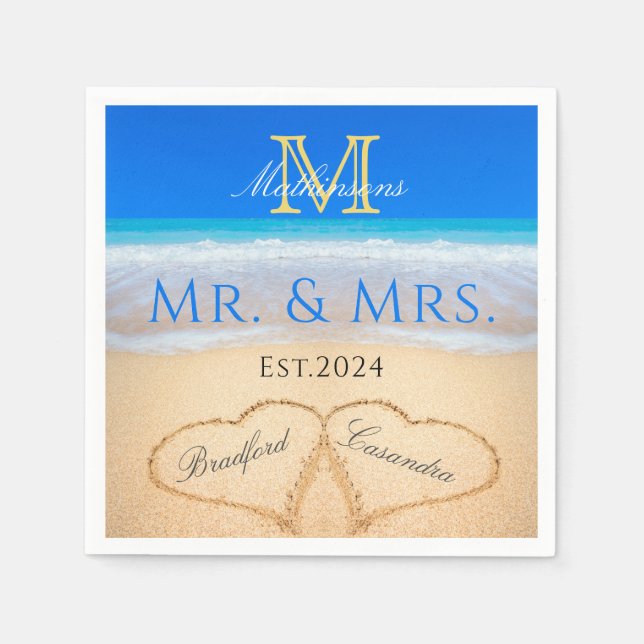 Mr Mrs Beach Wedding Hearts in Sand Monogram  Napkin (Front)