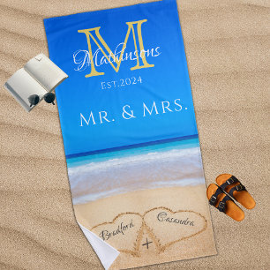 Mr. Mrs. Beach Wedding Hearts Sand Family Monogram Beach Towel