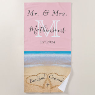 Mr. Mrs. Beach Wedding Hearts Sand Family Monogram Towel